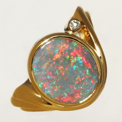 CUSTOM MADE 18k Yellow Gold Ring with a diamond and a SOLID SEMI BLACK OPAL Floral Harlequin pattern, bright and sparkly SEE VIDEO